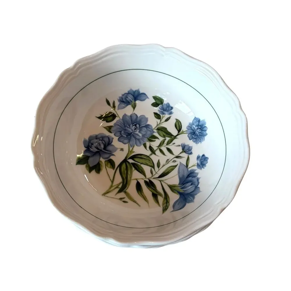 Envogue Blue Floral Salad Bowls 7in Porcelain Set of 4 Scalloped New